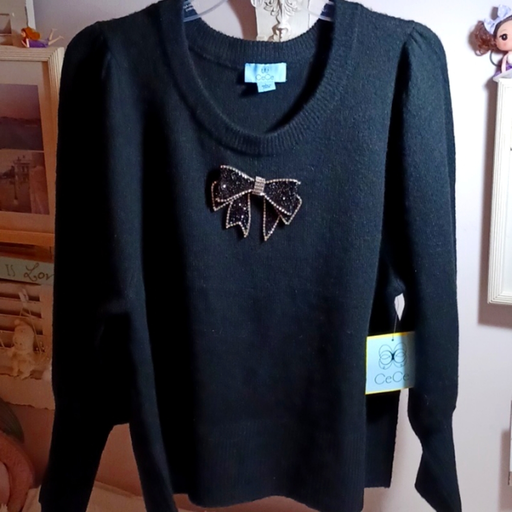 Gorgeous CeCe Black  Sweater with Embelished Rheinstone Bow  Puff  Sleeve  L